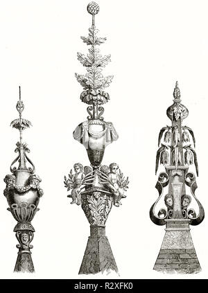 Drei kunstvolle Renaissance-Firstkuppeln aus Rouen, Frankreich, reich verziert mit Vasen und grotesken Masken, geätzte Studie. Paris, 1846. Stockfoto