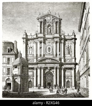 Blick auf die Fassade der Kirche Saint-Paul-Saint-Louis inmitten mittelalterlicher Gebäude in einem europäischen Ambiente. Magasin Pittoresque 1846, unbekannter Autor Stockfoto