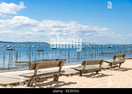 Bucht von Arcachon (Frankreich), auf der Düne von Pilat (oder Pyla) von der Auster Dorf L'Herbe, einem Naturschutzgebiet in der Nähe des Cap Ferret anzeigen Stockfoto