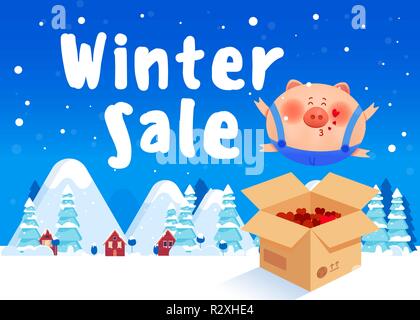 Nettes Schwein in Weihnachten Kleidung mit Weihnachtsgeschenke. Weihnachten Zusammensetzung mit Tannen und fallenden Schnee Stock Vektor