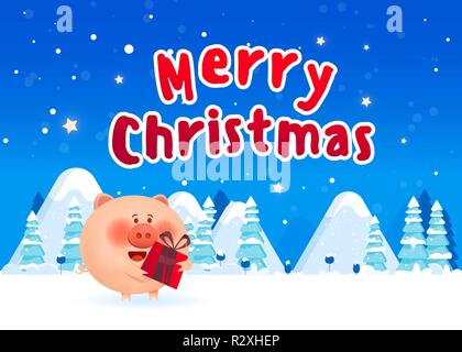 Nettes Schwein in Weihnachten Kleidung mit Weihnachtsgeschenke. Weihnachten Zusammensetzung mit Tannen und fallenden Schnee Stock Vektor