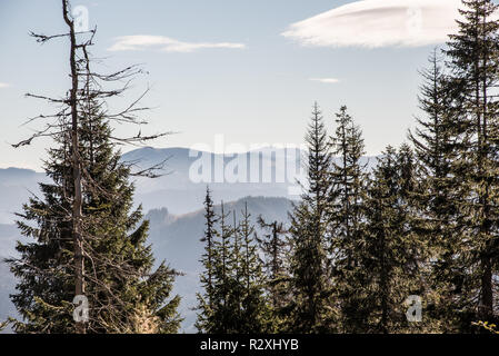 Blick auf Kralovoholske Tatra Gebirge mit höchsten Kralova hola Hill aus sedlo Javorie Mountain Pass oben Demanovska Dolina in Slowakei Stockfoto