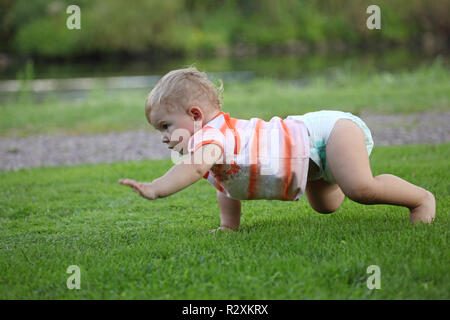 Kleinkind Crawling in der Wiese Stockfoto