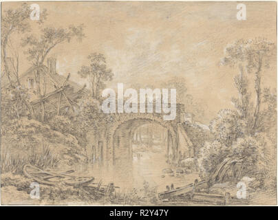 Landschaft mit einem rustikalen Brücke. Vom: C. 1740. Maße: gesamt: 20,3 x 27,2 cm (8 x 10-11/16 in.). Medium: Schwarze Kreide verstärkt mit Weiß auf Creme Bütten. Museum: Nationalgalerie, Washington DC. Autor: Francois Boucher. Stockfoto
