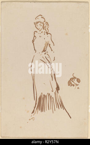 Stehende weibliche Figur. Vom: C. 1883. Maße: Blatt: 9,3 × 6,1 cm (3 11/16 x 2 3/8 in.). Medium: Stift und brauner Tinte auf der Rückseite der gedruckten Visitenkarte für Mrs Henry B. Callander, 72, Cadogan Place. Museum: Nationalgalerie, Washington DC. Autor: WHISTLER, James Abbott Mcneill. Stockfoto