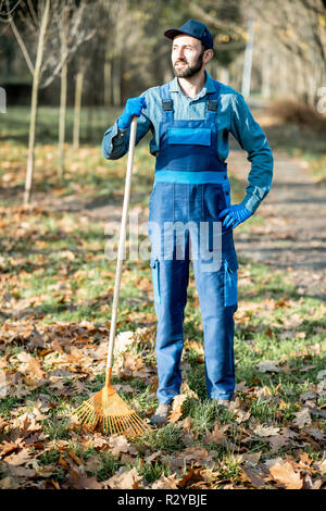 Porträt eines professionellen männlichen Sweeper in blauer Uniform harken Laub im Garten im Herbst Zeit Stockfoto