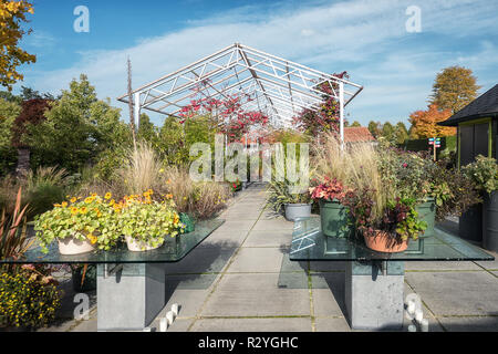 Vor dem großen Metall Pavillon sind zwei Glastische voller Blumen und Blumentöpfe in einem Park in den Niederlanden Stockfoto