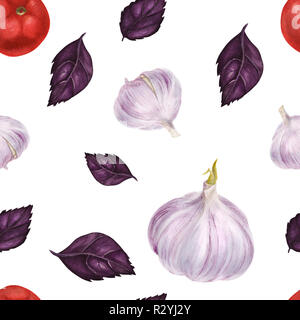 Vegan Aquarell nahtlose Muster mit lila Basilikum, Tomate und Knoblauch. Weißer Hintergrund, isoliert, clipping path enthalten Stockfoto
