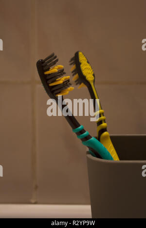 Zwei schwarze Zahnbürsten mit Gelb und Türkis Streifen als Beweis der gegenseitigen Leben Stockfoto