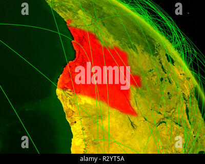 Angola aus dem Weltraum auf dem Modell der digitalen Planet Erde mit Netzwerk. Konzept der digitalen Technologie, Konnektivität und Reisen. 3D-Darstellung. Elemente der Stockfoto
