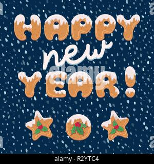 Typografie weihnachten Grußkarte im Comic-stil mit Text Form der hausgemachte Cookies. Xmas doodle Buchstaben für Banner, Einladung, Plakat, Aufkleber, Postkarte. Stock Vektor