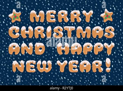 Typografie weihnachten Grußkarte im Comic-stil mit Text Form der hausgemachte Cookies. Xmas doodle Buchstaben für Banner, Einladung, Plakat, Aufkleber, Postkarte. Stock Vektor