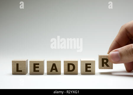 Leader Wort aus Holz Würfel oder Blöcke mit Buchstaben Alphabet Stockfoto