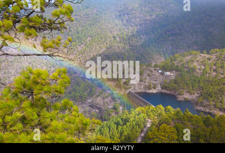 Gran Canaria, Natur Park Pinienwald Tamadaba, Blick hinunter Barranco del Vaquero Schlucht, ein wenig Rainbow in abgehängten Nebel Stockfoto