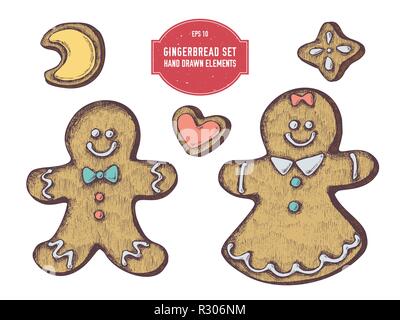Vektor Sammlung von Hand gezeichnete farbige Lebkuchen, Lebkuchen Männer Stock Vektor