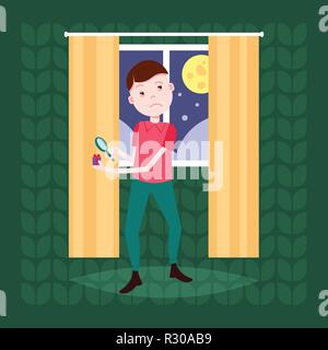 Mann in Geschenkbox vorhanden Blick durch eine Lupe vergrößern Wohnzimmer inneren flachen Stock Vektor