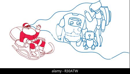Santa in dem Schlitten tragen digital Gläser virtuelle Realität moderner Roboter Gruppe futuristische künstliche Intelligenz Mechanismus vr Vision headset Konzept waagrechten Stock Vektor