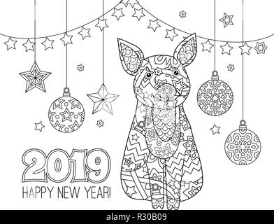 Schwein, simbol des Neuen Jahres 2019 in zentangle inspiriert Doodle style isoliert auf Weiss. Malbuch Seite für Erwachsene und ältere Kinder. Stock Vektor