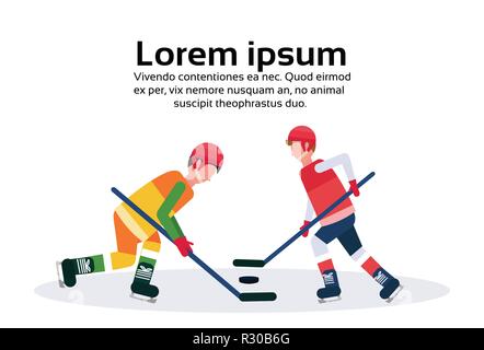Professionelle Eishockey Holding stick Skaten mit pack Meisterschaft Wettbewerb Konzept männliche Zeichentrickfigur in voller Länge flach isoliert Kopie Raum horizontal Stock Vektor