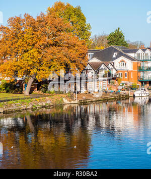 Blick von der Brücke, Maidenhead Maidenhead Riverside, mit Herbst Bäume, Themse, Maidenhead, Berkshire, England, UK, GB. Stockfoto