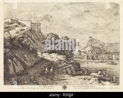 Vue d'Aqua Pendente sur la Route de Sienne ein Rom. Stand: 1773. Abmessungen: Platte: 25,8 x 35 cm (10 1/4 x 13 3/4 in.) Blatt: 26,8 x 36,2 cm (10 9/16 x 14 1/4 in.). Medium: Radierung und Kaltnadelradierung auf Bütten. Museum: Nationalgalerie, Washington DC. Autor: Jean-Jacques de Boissieu. Stockfoto