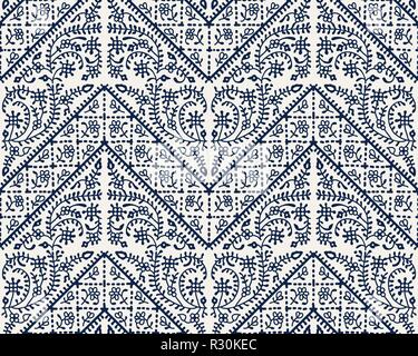Holzschnitt gedruckt Indigo dye Nahtlose ethnischen geometrische Muster. Traditionelle orientalische floralen Ornament von Indien, Kaschmir und Chevron Motiv, Marine auf ecru Stock Vektor