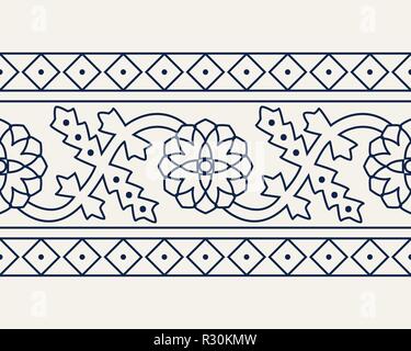 Holzschnitt gedruckt Indigo dye Nahtlose ethnischen Florale. Traditionelle orientalische Ornament von Indien, Kaschmir, geometrische Blumen und Wellen Motiv, Marine Stock Vektor