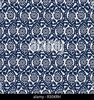 Holzschnitt gedruckt nahtlose Indigo dye ethnischen floralen Muster. Traditionelle orientalische Ornament von Indien, ogee Motiv mit Blumen, navy blue auf ecru Stock Vektor