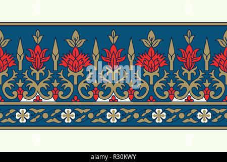 Holzschnitt gedruckt Nahtlose ethnischen Florale. Traditionelle orientalische Ornament von Indien, damast Motiv, roten, blauen und goldenen Farbtönen auf ecru Hintergrund. Stock Vektor