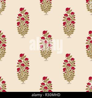 Holzschnitt gedruckt Nahtlose ethnischen floral aller Pattern. Traditionelle orientalische Motiv von Indien, Blumen von Kaschmir, mit roter Mohn auf ecru. Stock Vektor