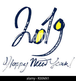 Frohes Neues Jahr 2019 - Moderne Kalligraphie, handgezeichneten Schriftzug Stockfoto