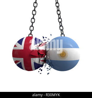 Großbritannien und Argentinien Flagge politische Kugeln smash in einander. 3D-Rendering Stockfoto