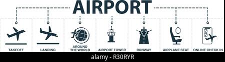 Flughafen icons Collection. Enthält einfache Elemente wie Start, Landung, rund um die Welt, Flugzeugsitz, Landebahn, online Check-in Premium Symbol Stock Vektor