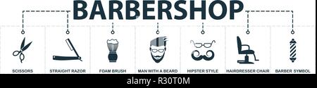 Barbershop eingestellt icons Collection. Enthält einfache Elemente wie Scheren, Rasiermesser, Schaum Pinsel, Friseur Stuhl, hipster Stil, ein Symbol der Stock Vektor