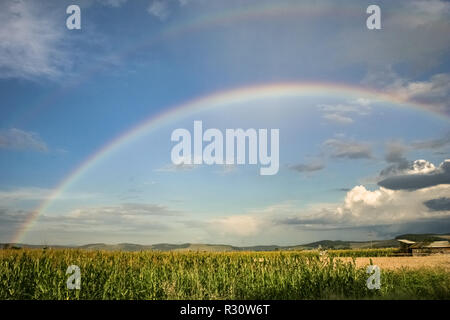 Helle Doppelzimmer Regenbogen über dem rumänischen Landschaft Stockfoto