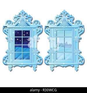 Gemütliche Einrichtung home Fenster. Morgens und abends Aussicht vom Fenster der im Winter Schnee auf weißem Hintergrund. Probe von Weihnachten Poster, Party Einladung. Vektor cartoon Close-up Abbildung: Stock Vektor