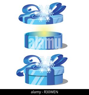 Satz von reich verzierten Geschenkboxen mit blauem Deckel mit Schneeflocke mit einer Schleife auf weißem Hintergrund gebunden wird. Ideen für die Verpackung Geschenke. Vektor cartoon Close-up Abbildung. Stock Vektor