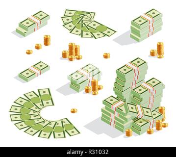 Der Stapel von Banknoten, goldene Münzen, Geld fan, Bargeld Stock Vektor