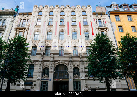 Architektur im Jugendstil in Riga - Alberta iela 2a - Wohn haus von Michail Eisenstein wurde im Jahr 1906 erbaut. , Riga, Lettland, Baltikum, Europa. Stockfoto