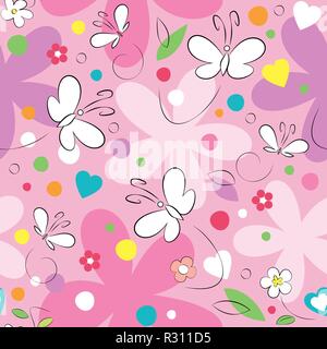 Rosa, Violett und Weiß Schmetterlinge und Blumen Muster auf rosa Hintergrund Stock Vektor