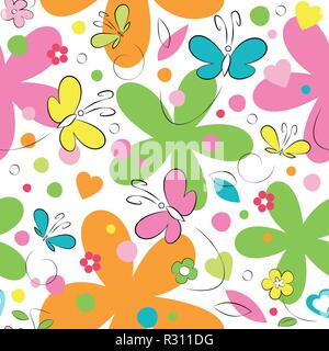 Orange, Grün, Pink und Gelb Schmetterlinge und Blumen Muster auf weißem Hintergrund Stock Vektor