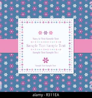 Weiß Grußkarte mit Text und floralen Rahmen, mit einem rosafarbenen Band auf einem blumigen blau Muster Hintergrund Stock Vektor