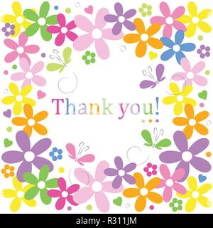 Herzen, Blumen und Schmetterlinge Rahmen danke Karte Stock Vektor