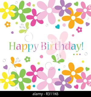 Herzen, Blumen und Schmetterlinge Happy Birthday Card auf weißem Hintergrund Stock Vektor