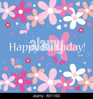 Herzen, Blumen und Schmetterlinge Happy Birthday Card auf blauem Hintergrund Stock Vektor