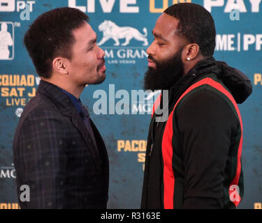 Los Angeles, Kalifornien, USA. 20 Nov, 2018. Senator Manny "Pacman" Pacquiao, die Boxen nur acht - Abteilung Weltmeister Gespräche während einer Pressekonferenz in Los Angeles auf seine bevorstehende Kampf mit Adrien Broner Dienstag. Die zwei werden im Januar 19, 2019 in Las Vegas an der MGM und PPV Kampf auf Showtime. Foto von Gene Blevins/ZumaPress. Credit: Gene Blevins/ZUMA Draht/Alamy leben Nachrichten Stockfoto