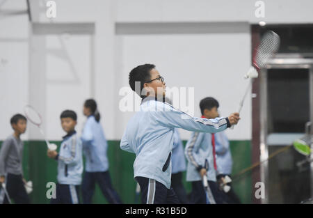 Shishi, China Fujian Provinz. 20 Nov, 2018. Schüler besuchen Badminton klasse Jinfeng experimentelle Schule bei Shishi Stadt im Südosten der chinesischen Provinz Fujian, Nov. 20, 2018. Mehr als 40 Schulen außerschulische Ausbildung für Studierende, deren Eltern noch am Arbeiten sind, wenn Schule in Shishi ist. Credit: Song Weiwei/Xinhua/Alamy leben Nachrichten Stockfoto