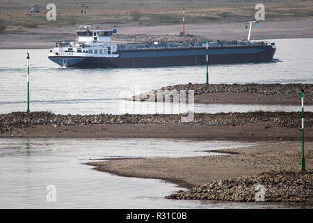 21. November 2018, Nordrhein-Westfalen, Düsseldorf: bei Ebbe ein Tanker fährt zwischen trocken gefallenen buhnen am Rhein. Foto: Federico Gambarini/dpa Stockfoto