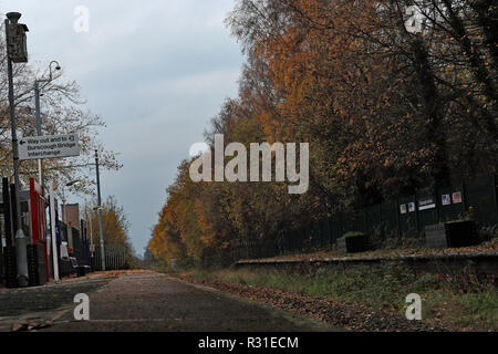 Burscough, Lancashire, UK. Nov 2018 21. Burscough Junction Station steht einsam und leer am späten Nachmittag des Mittwoch, 21.11.18 auf der Preston zu Ormskirk Zweig Bahnstrecke Aufgrund der Rücknahme der Zug wegen der Auswirkungen der Blätter auf der Linie. Cw 6469 21. November 2018. Colin Wareing/Alamy Leben Nachrichten. Burscough junction railway station, Burscough, Lancashire, England, UK Credit: Colin Wareing/Alamy leben Nachrichten Stockfoto