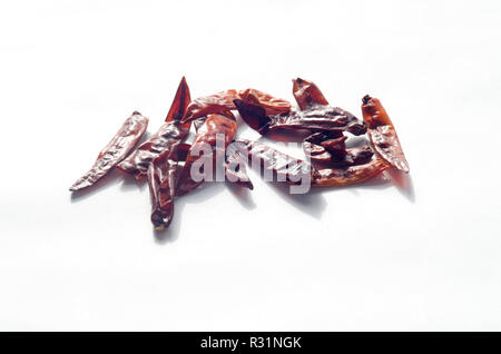 Indische getrocknete rote Chili Schoten auf Weiß Stockfoto